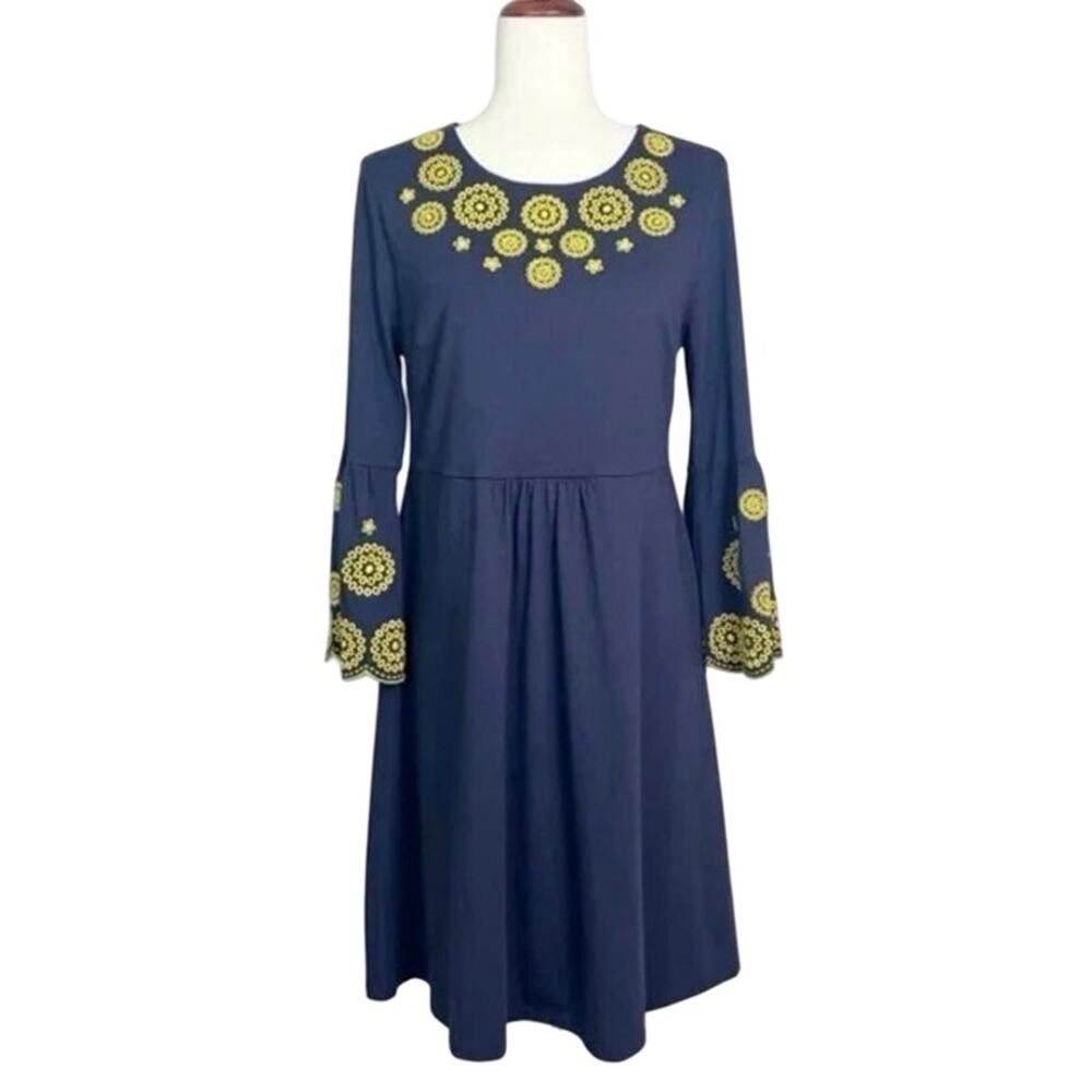 BODEN Womens Navy Blu Emilia Embroidered A-Line Bell Sleeve Dress 16 Boho Preppy